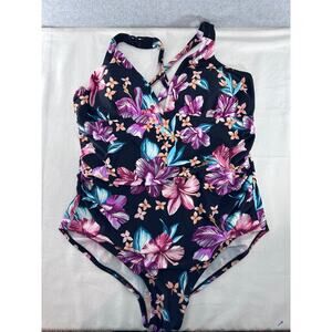 Merona Women's sz XL One Piece Swimsuit Black with Floral Braided Strap Crosstie